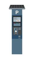 Self-pay parking meter with solar panel on top isolated on white background. Technology concept. Contactless payment concept. Payment for parking. vector