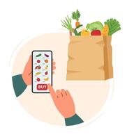 Online food shopping through an app in the phone. Phone in hands, groceries on the screen, buy button and shooping bag with food. Technology concept. Online shopping. Shopping concept. vector