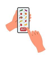 en línea comida compras mediante un aplicación en tu teléfono. teléfono en manos, comestibles en el pantalla, comprar botón. tecnología concepto. en línea compras. vector