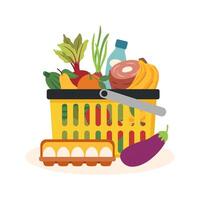 Shopping basket with food. Shopping concept. Healthy food concept. vector