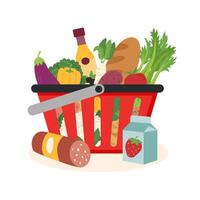 Shopping basket with food. Shopping concept. Healthy food concept. vector