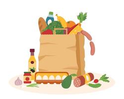 Shopping paper bag with food isolated on white background. Shopping concept. Delivery concept. vector