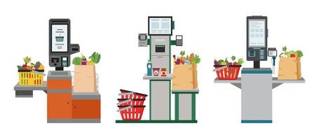 Set of self service checkouts with shopping bags full of food and shopping baskets in the supermarket isolated on white. Self service and self payment terminals. Contactless payment. vector