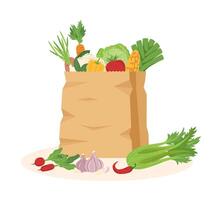 Shopping paper bag with vegetables isolated on white background. Shopping concept. Healthy food concept. Delivery concept. vector