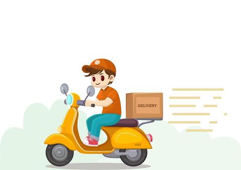entrega chico montando amarillo scooter. vector