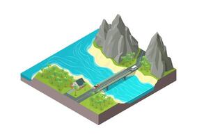 River mouth with mountain and bridge views vector