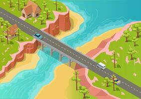 River mouth with mountain and bridge views vector