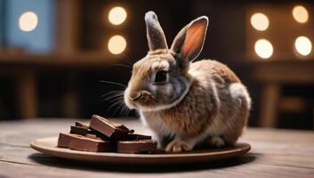 AI generated Photo Of Cute Rabbit Sitting On Wooden Table Eating Chocolate Dessert. AI Generated