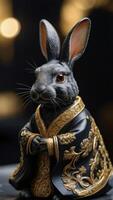 AI generated Photo Of The Rabbit Is Dressed Royally In An Exquisite Robe With Golden Patterns Stylish Rabbit Figurine Made Of Black Marble With Gold Dusting Technology. AI Generated