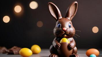 ai generado foto de linda Pascua de Resurrección conejito hecho de chocolate con chocolate huevos. ai generado