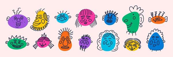 People face big set. Funny portraits, modern colorful abstract character in doodle style. Vector hand drawn illustration