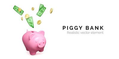 Pink piggy bank and falling green paper money and gol coins. Finance investment banner isolated on white background. Save money. Vector illustration