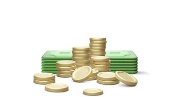 Stack of coins and paper currency 3d render. Realistic money in cartoon style. Vector illustration