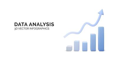 Realistic chart in blue business colors. Growing bars graphic with rising arrow. Digital marketing concept banner. Vector illustration