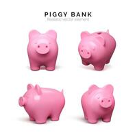 realista cerdito banco colocar. rosado cerdo aislado en blanco antecedentes. cerdito banco concepto de dinero depositar y inversión. vector ilustración