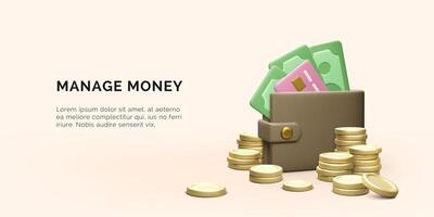 3D wallet with paper currency and credit card stack of gold coins. Realistic cartoon business banner. Money management. Vector illustration