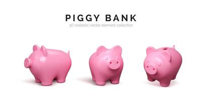 Realistic 3D piggy bank set. Pink pig isolated on white background. Piggy bank concept of money deposit and investment. Vector illustration