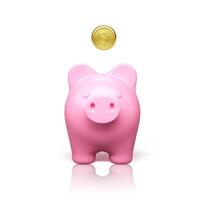 Pink piggy bank front view with falling gold coin. Money savings concept. 3D realistic pretty pig. Vector illustration