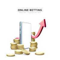 Manage money or online betting concept. 3D mobile phone or application with coin stack and arrow. Financial investment trade. Bank deposit and finance profit or investment. Vector illustration