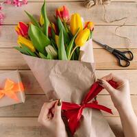 florista mujer envuelve grande ramo de flores de multicolor tulipanes en Respetuoso del medio ambiente arte papel. foto