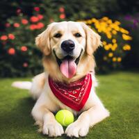 AI generated a golden. retriever sitting in the. grass. Petal Play. Beautiful, Spring Banner Capturing the Joy of a. Happy, Dog, AI generated photo