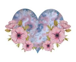 Space heart with pink anemone flower.Watercolor and marker illustration. Heavenly botanical element for Valentine's Day, Mother's Day. Concept of esotericism and spirituality. Hand drawn isolated art vector