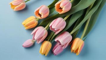 AI generated Photo Of Top View Tulip Flowers On Light Blue Blank Paper Background  Mothers Day Concept Feminine Concept. AI Generated