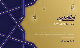 Islamic background in purple and gold with paper cut design for ramadan kareem campaign with lantern and star in line art design. Arabic text mean is ramadan kareem. vector