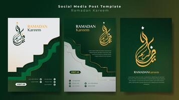 Set of portrait social media post template with ramadan calligraphy for ramadan kareem campaign. ramadan background with line art of star and lantern in green white. green white islamic background vector