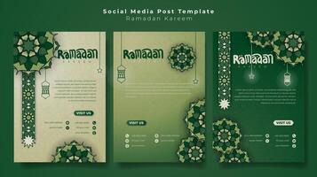 Set of portrait social media post template with lantern and star in ornamental green background for ramadan kareem campaign. islamic background with green mandala in hand drawn design vector