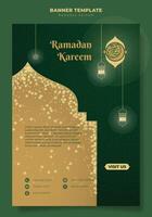 Portrait banner with sparkle in green yellow background with line art of lantern and star for ramadan kareem design. arabic text mean is ramadan kareem. green islamic banner design vector