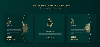 Set of social media post template in gold green background with arabic calligraphy for ramadan kareem campaign. arabic text mean is ramadan kareem. Islamic background with gold and green design vector