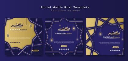 conjunto de social medios de comunicación enviar en islámico púrpura y oro antecedentes con Ramadán caligrafía diseño. púrpura y oro islámico antecedentes con línea Arte de linterna y estrella. Arábica texto media es Ramadán kareem vector