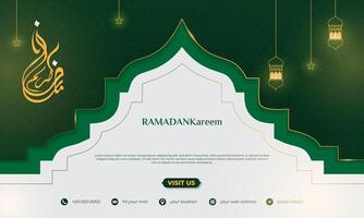 Green white islamic mosque background design with lantern and star for ramadan kareem campaign. arabic text mean is ramadan kareem vector