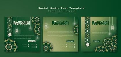 Set of social media post template with ornamental mandala in hand drawn design for ramadan kareem. Islamic background in green ornamental mandala design vector