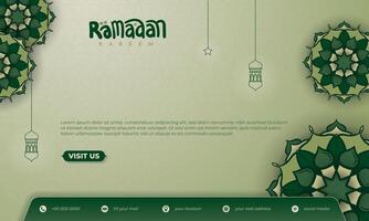 Ramadan background design with line art of lantern and star with green hand drawn of mandala design. Islamic background in green design and hand drawn of mandala. vector