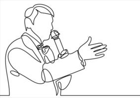 The entertainer. elegant talking man holding microphone- continuous line drawing vector