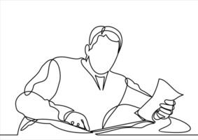 continuous line drawing of a male businessman reading a vector illustration