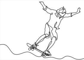 continuo línea dibujo. chico montando un patineta. vector