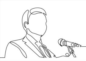 Business conference, business meeting. Man at rostrum in front of audience. Public speaker giving a talk at conference hall- continuous line drawing vector