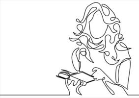 Continuous line drawing. Girl reading a book. Vector illustration