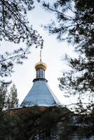 The dome churches are hidden in the forest. Golden cross on the roof of the temple. Tsasovnya standing in the forest photo