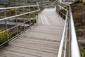 Wooden bridge going far ahead to the seashore. A bridge in a rocky area. Walk in the mountains. Mountain flowers photo