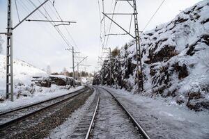 The railway goes through the rocks. Snow-covered iron dorga. Soota from a steam locomotive in the snow in winter. Rails in the snow photo