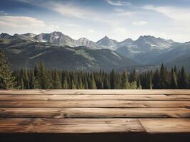 AI generated Empty wooden table top with mountains on background.Nature backdrop with wooden table podium for product display and commercial photo