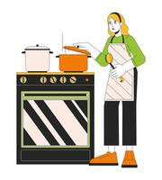 ahorro energía por Cocinando con tapa línea dibujos animados plano ilustración. caucásico mujer poniendo tapa en maceta 2d arte lineal personaje aislado en blanco antecedentes. calefacción comida con rapidez escena vector color imagen