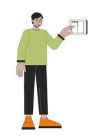 Clicking light switch line cartoon flat illustration. Arab adult guy 2D lineart character isolated on white background. Reduce carbon footprint. Energy conservation at home scene vector color image