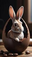 AI generated Photo Of Rabbit Inside A Chocolate Egg On A Wooden Table Easter Egg And Bunny. AI Generated