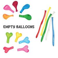 Uninflated balloons vector illustration in cartoon style. Empty balloons collection in different shapes. Decoration items for party. Flat vector isolated on white background.