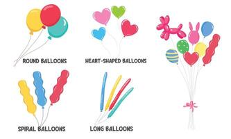 Balloons vector illustration set in cartoon style. Colorful bunch of balloons with different shapes. Flying balloon clip art. Decoration items for party. Flat vector isolated on white background.